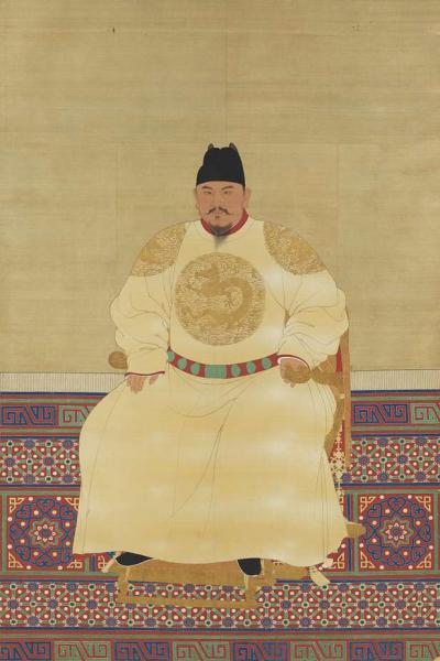 This painting depicts Zhu Yuanzhang (朱元璋), Emperor Taizu of the Ming dynasty (明太祖), who reigned from 1368 to 1398. Hongwu (洪武) was the title of his reign period.